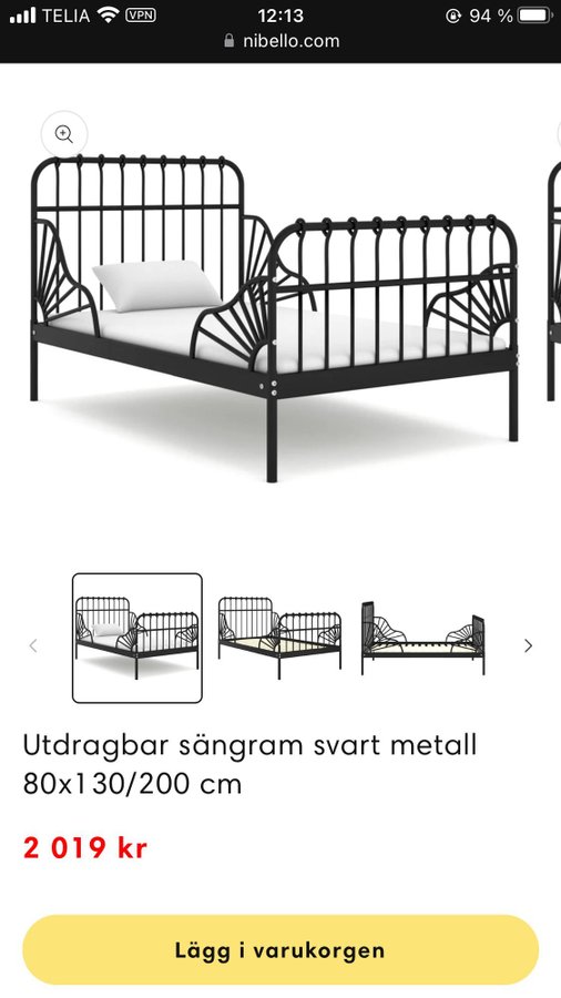 Utdragbar sängram svart metall 80x130/200 cm