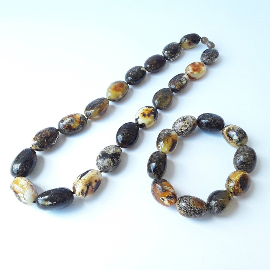 Baltic amber jewelry set Black chunky oval amber stone necklace and bracelet set