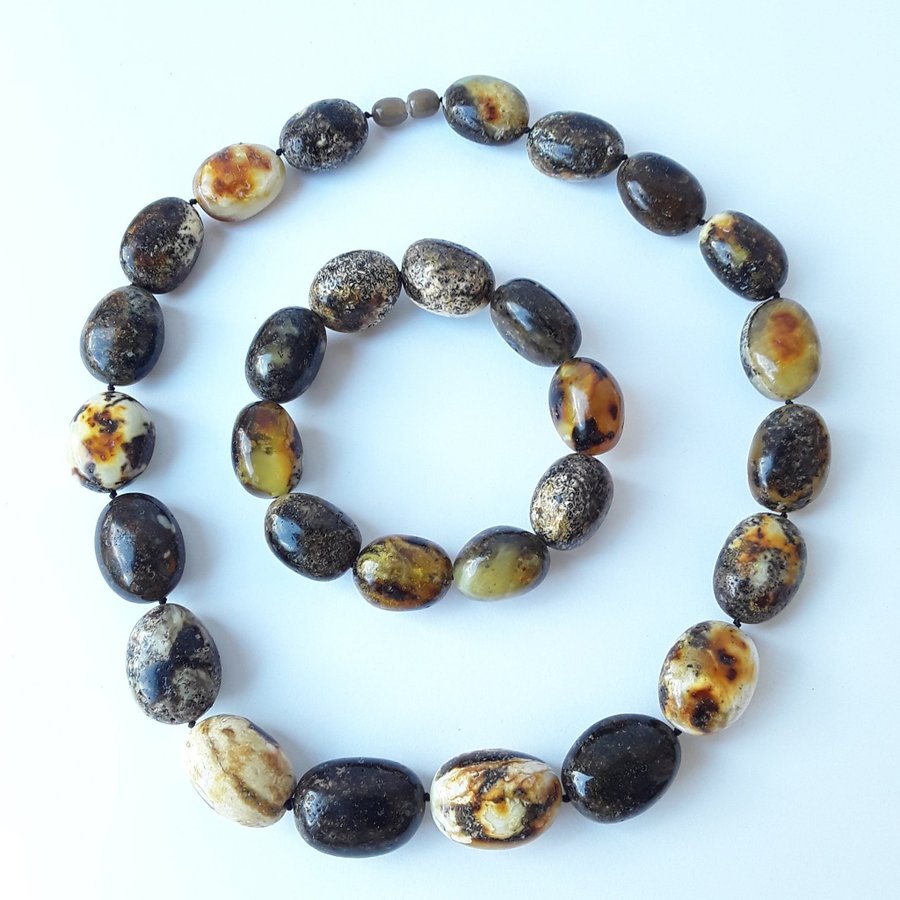 Baltic amber jewelry set Black chunky oval amber stone necklace and bracelet set