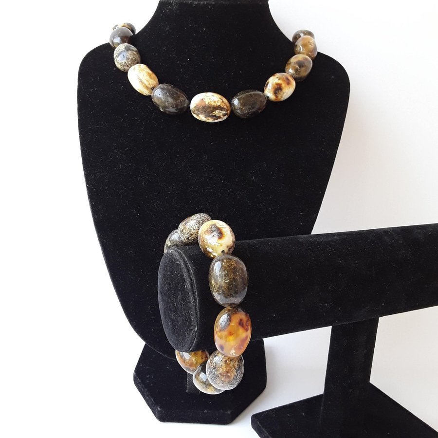 Baltic amber jewelry set Black chunky oval amber stone necklace and bracelet set