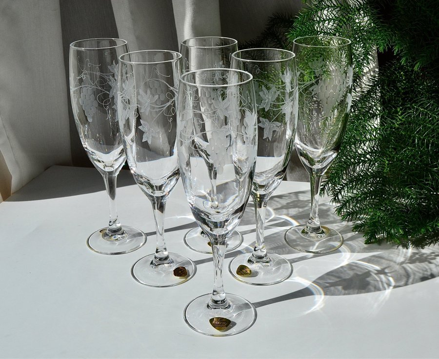 6 st CHAMPAGNEGLAS i KRISTALL med slipad vinranka LENAS GLASBOD VINTAGE