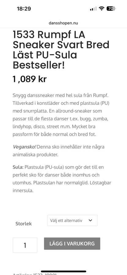 Rumpf LA Sneaker Svart Bred Läst PU-sula Storlek 40