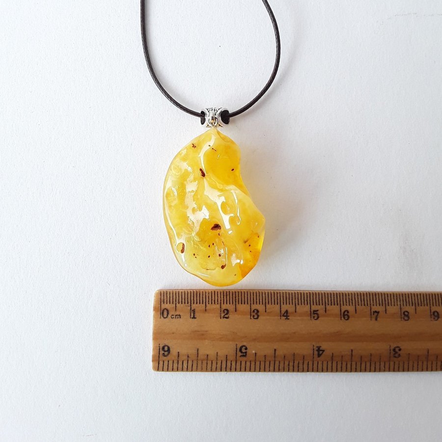 Yellow Baltic amber gemstone pendant on long chain honey amber necklace jewelry