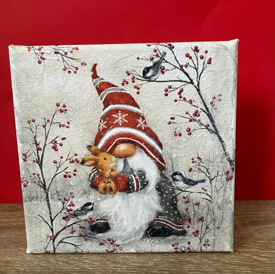 Tavla Liten Tomte med vänner i skogen 15x15 cm