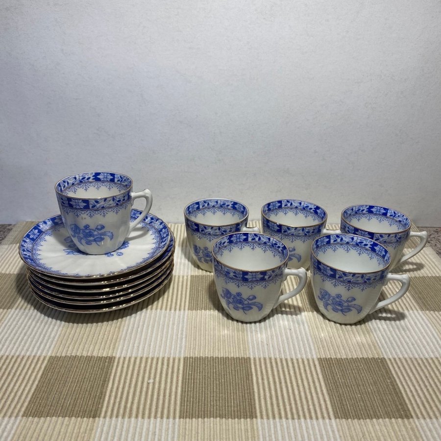 6 st Kaffekoppar med fat ”CHINA BLAU” Bavaria Tyskland RETRO