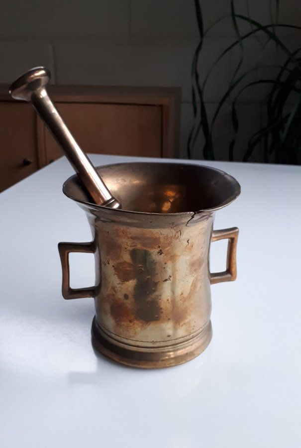 Ca. 1800 Antik Messing Morter Med Pistil 2.5kg. Mässing Mortel, Mortelstöt Dansk