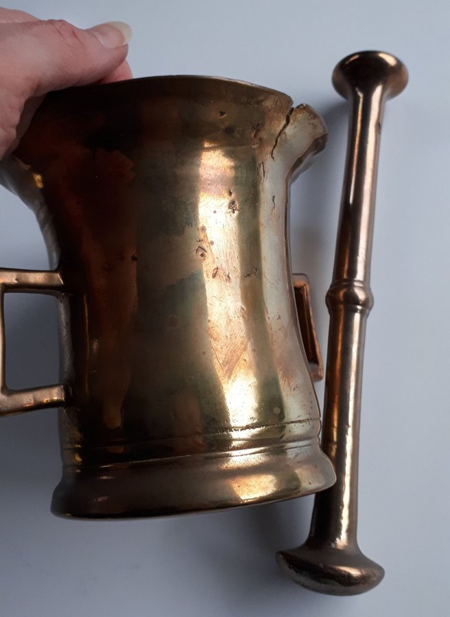 Ca. 1800 Antik Messing Morter Med Pistil 2.5kg. Mässing Mortel, Mortelstöt Dansk