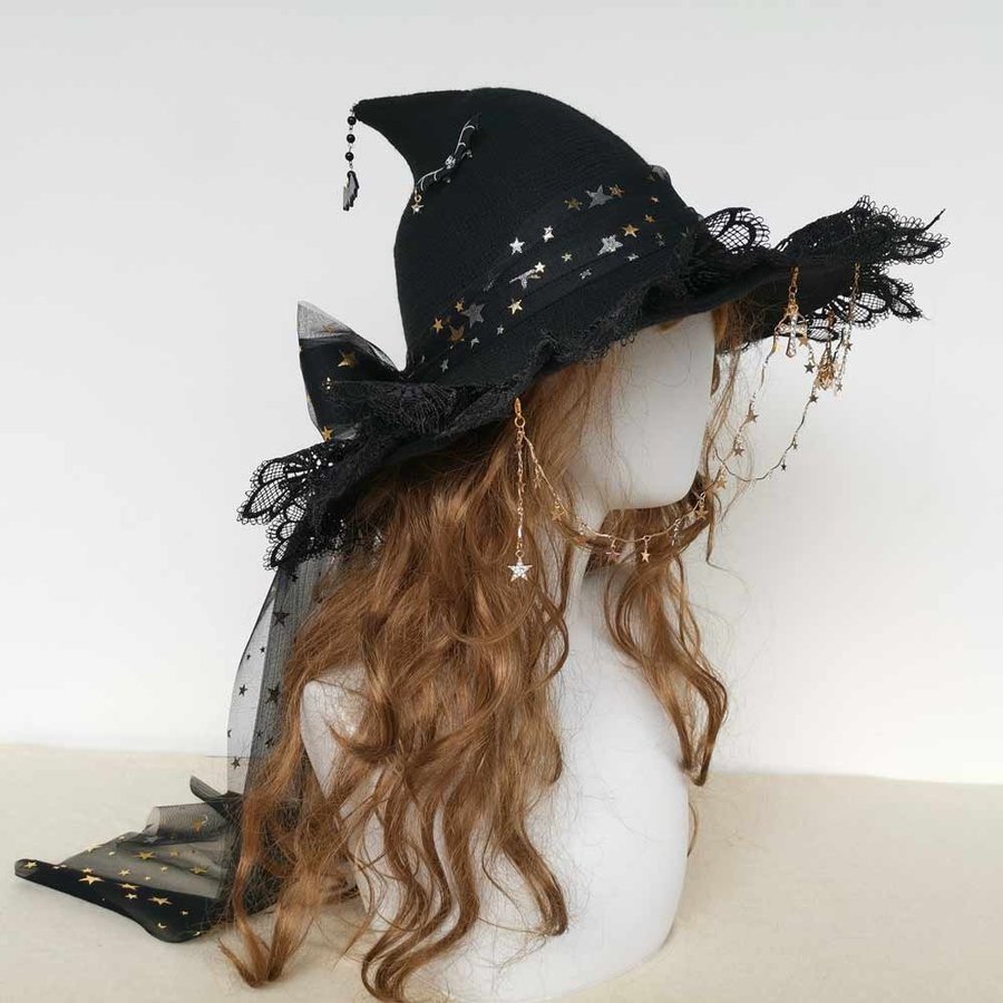 Handmade black wool blend witch hat with bow. Crochet Halloween wizard hat