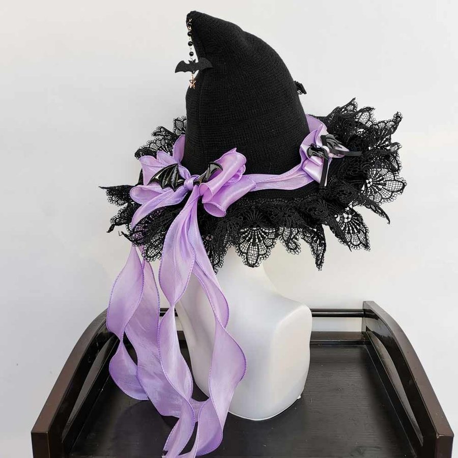 Handmade Black Crochet Witch Hat with Purple Ribbon and Bat Decorations, 56-58cm