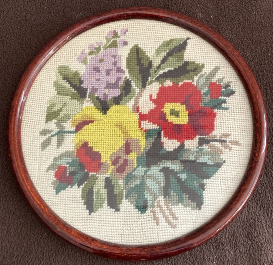 BRODERI MED BLOMMOR - BRODERAD RUND TAVLA MED GLASAD TRÄRAM MÅTT: DIAM 25 CM