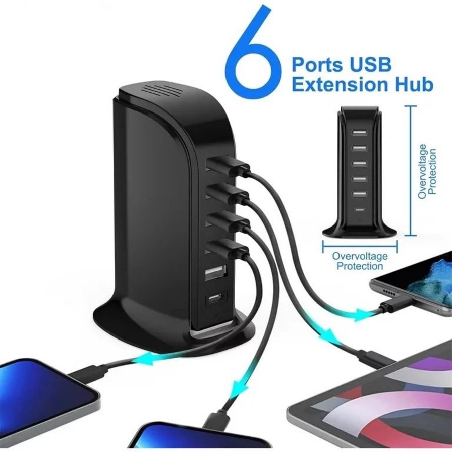 Snabb laddare 6-ports USB-laddare och USB-C helt ny oöppnad