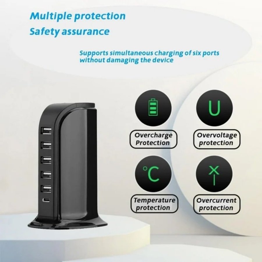 Snabb laddare 6-ports USB-laddare och USB-C helt ny oöppnad