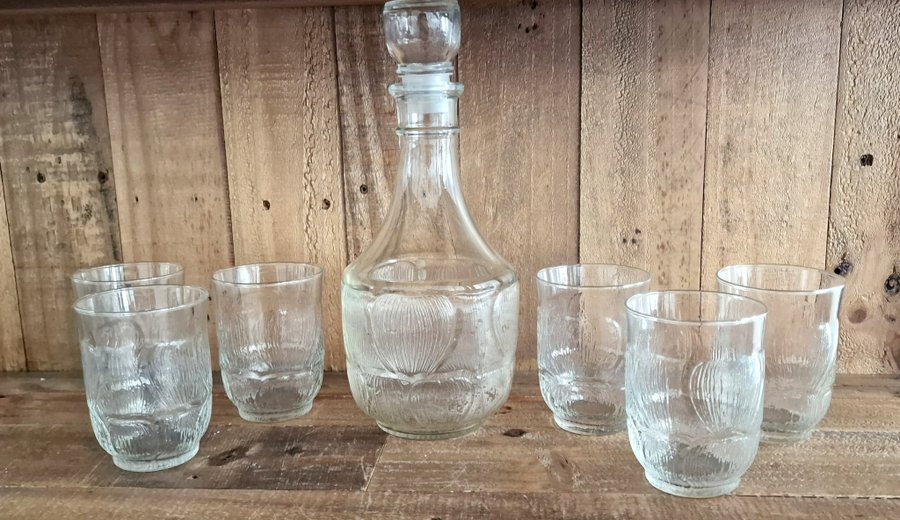 Glaskaraff med 6 stora glas Arcoroc FLEUR retro vintage