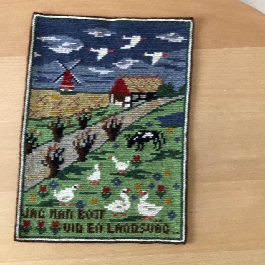 TVISTSÖMS bonad. JAG HAR BOTT VID EN landsväg. Broderad med ullgarn. .23 x 33 cm