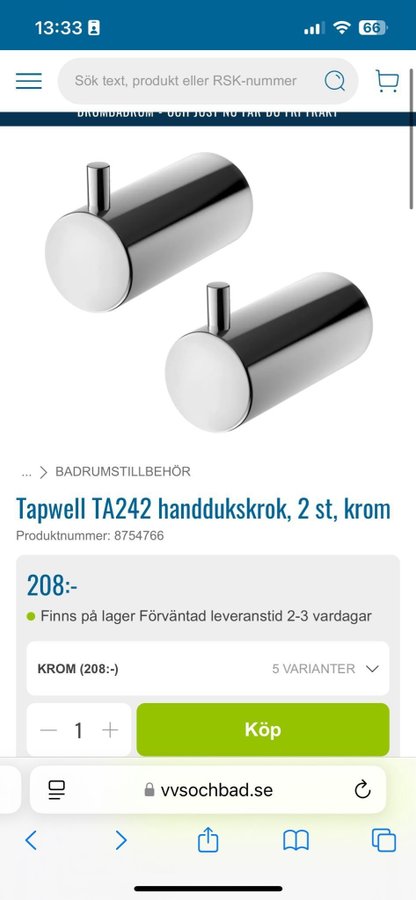 5 st Tapwell TA242 Handdukskrok Krom