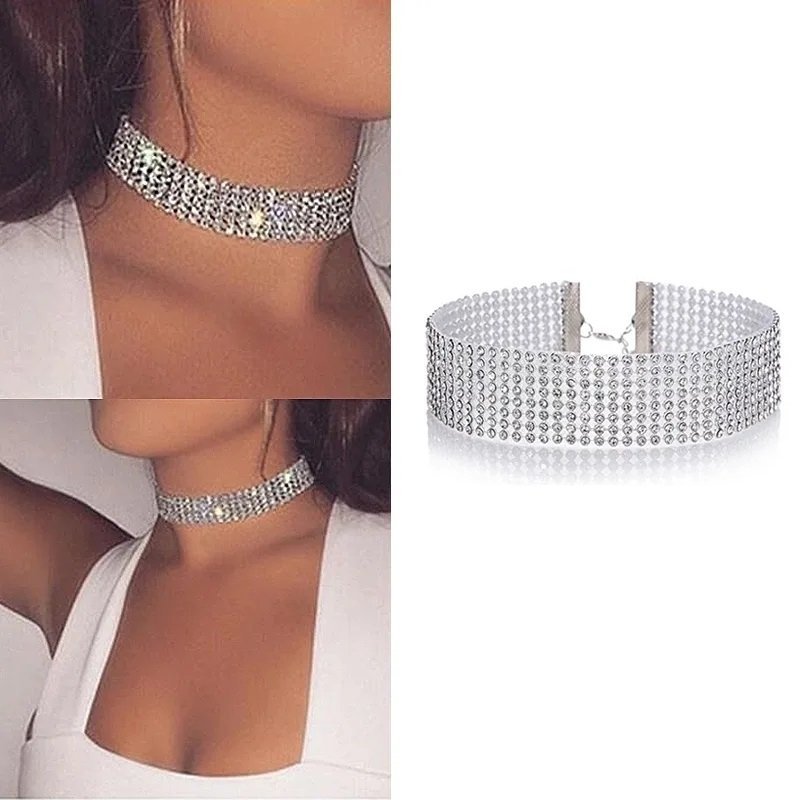 Snygg choker 8 rader kristaller strass silverpläterad jul fest halsband