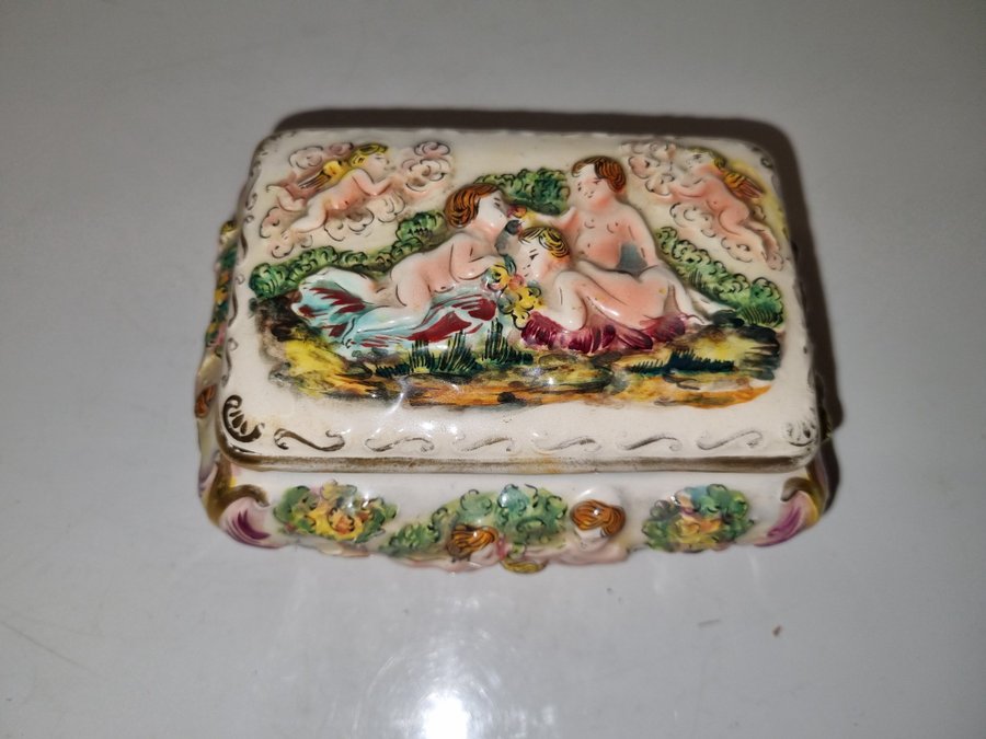 Porslin /Jewelry Box Raised Relief Cherubs R. Capodimonte Italy Angels Vanity