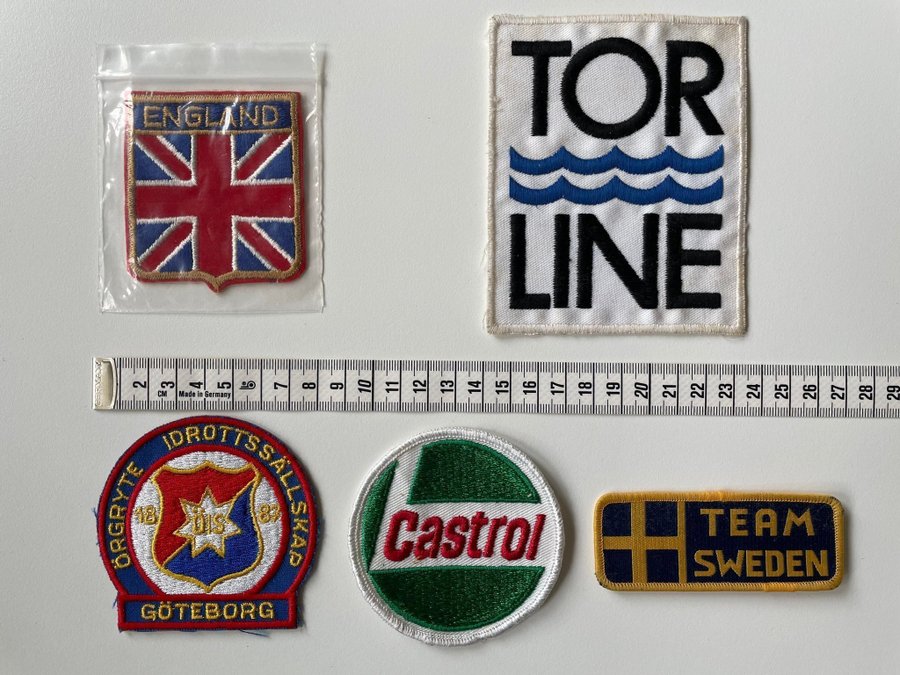 Tygmärken / vintage England / Tor Line / Örgryte / Castrol / Team Sweden