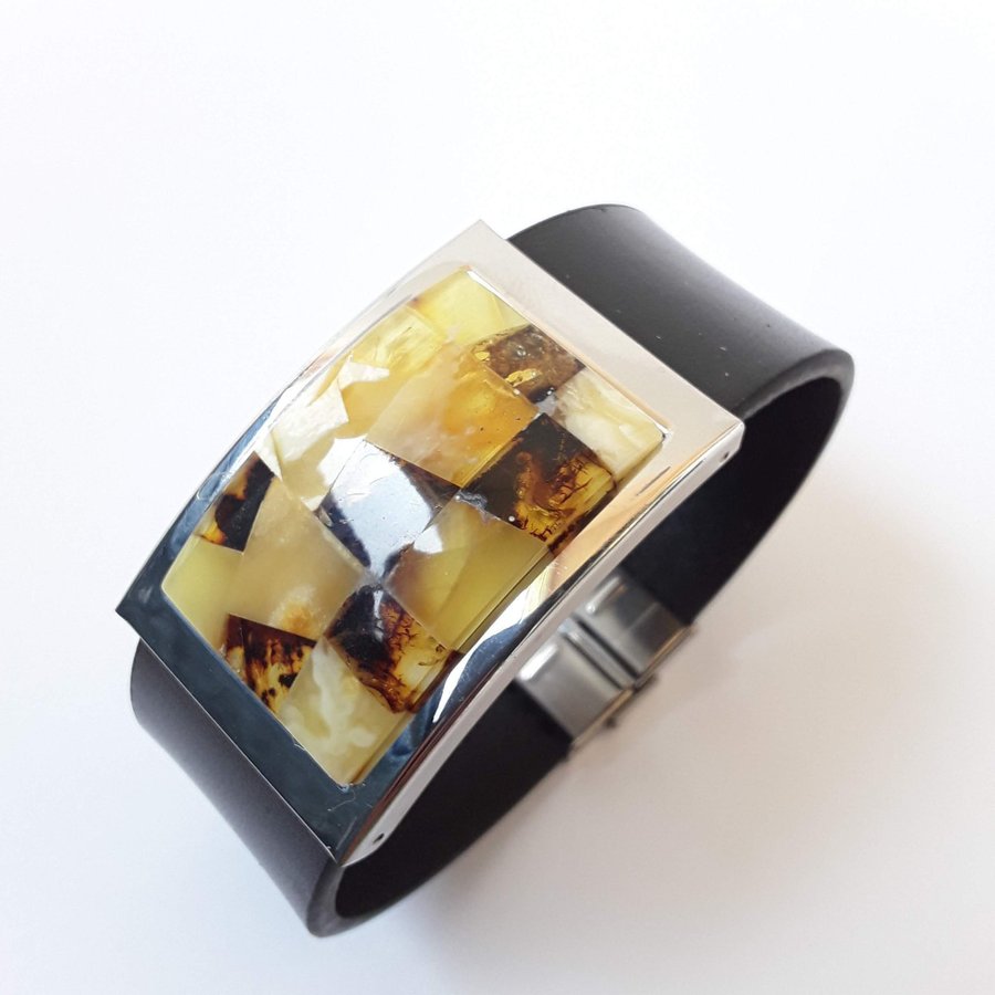 Baltic amber and black leather bracelet Unisex natural leather and gem bracelet