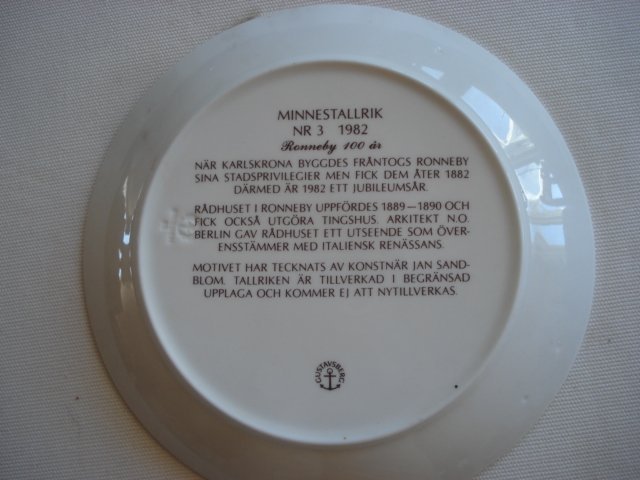 Minnestallrik NR. 3 1982 Rådhuset i Ronneby 100 år Gustavsberg