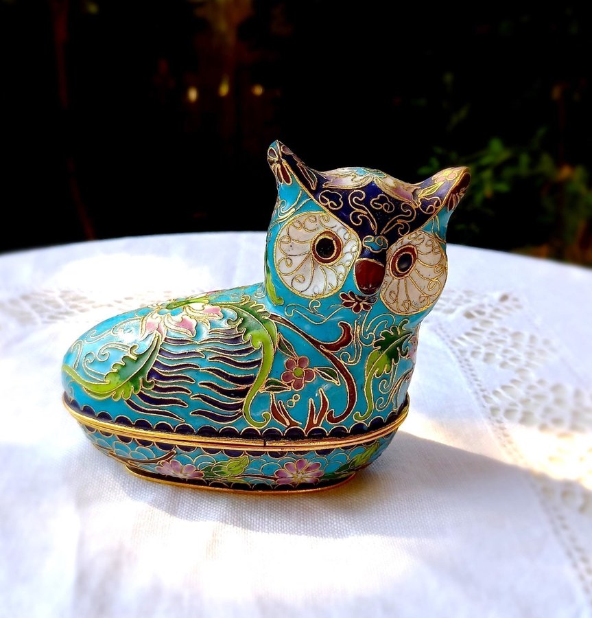 Lockask / Chinese vintage cloisonne enamel OWL trinket box with lid