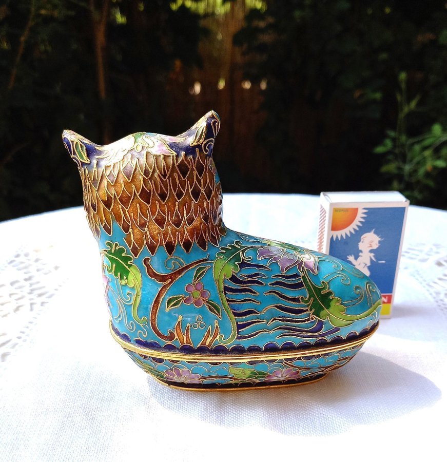 Lockask / Chinese vintage cloisonne enamel OWL trinket box with lid