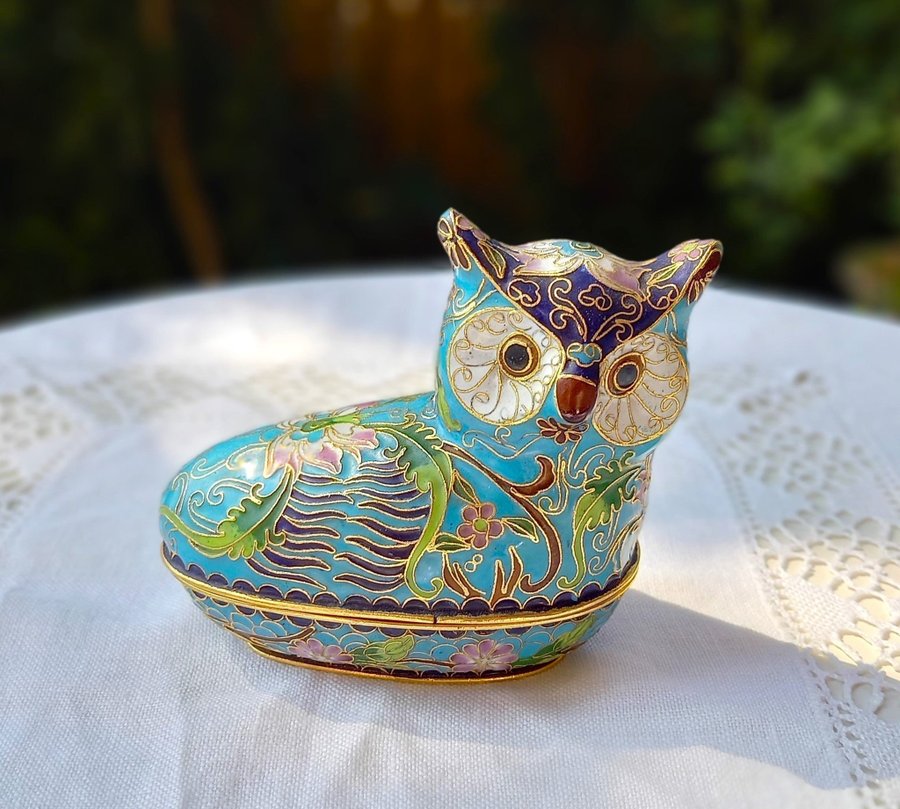 Lockask / Chinese vintage cloisonne enamel OWL trinket box with lid