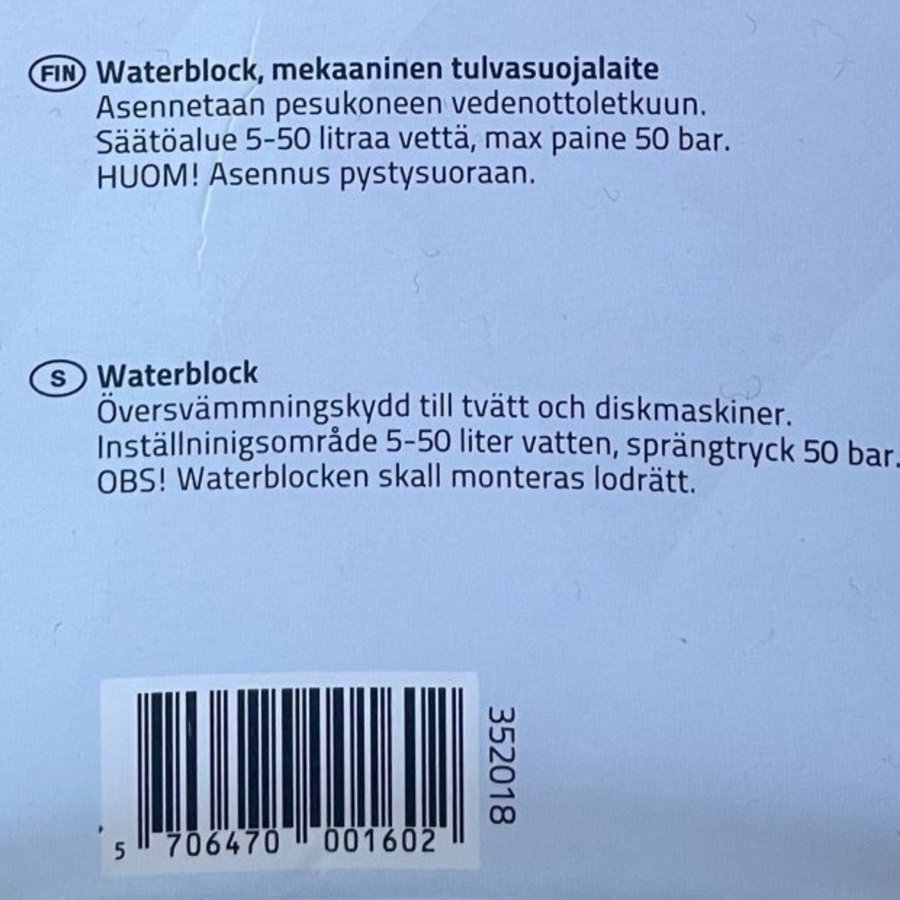 Waterblock för diskmaskin och tvättmaskin i oöppnad förpackning