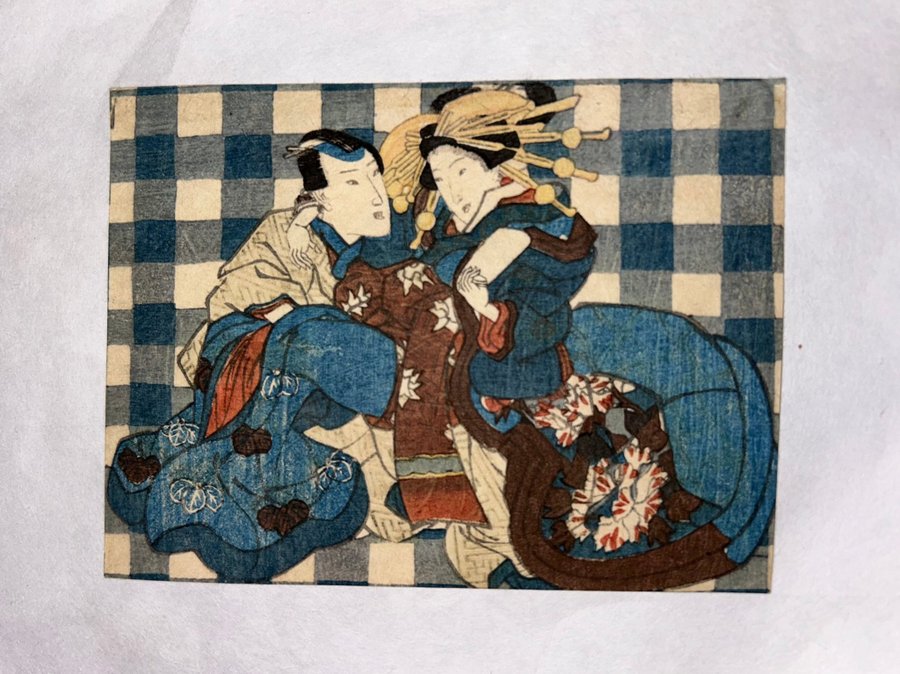 Japanskt träsnitt shunga Kunisada? Ca 1850.