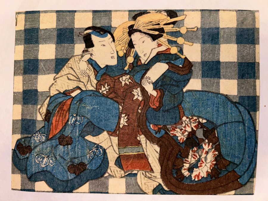 Japanskt träsnitt shunga Kunisada? Ca 1850.