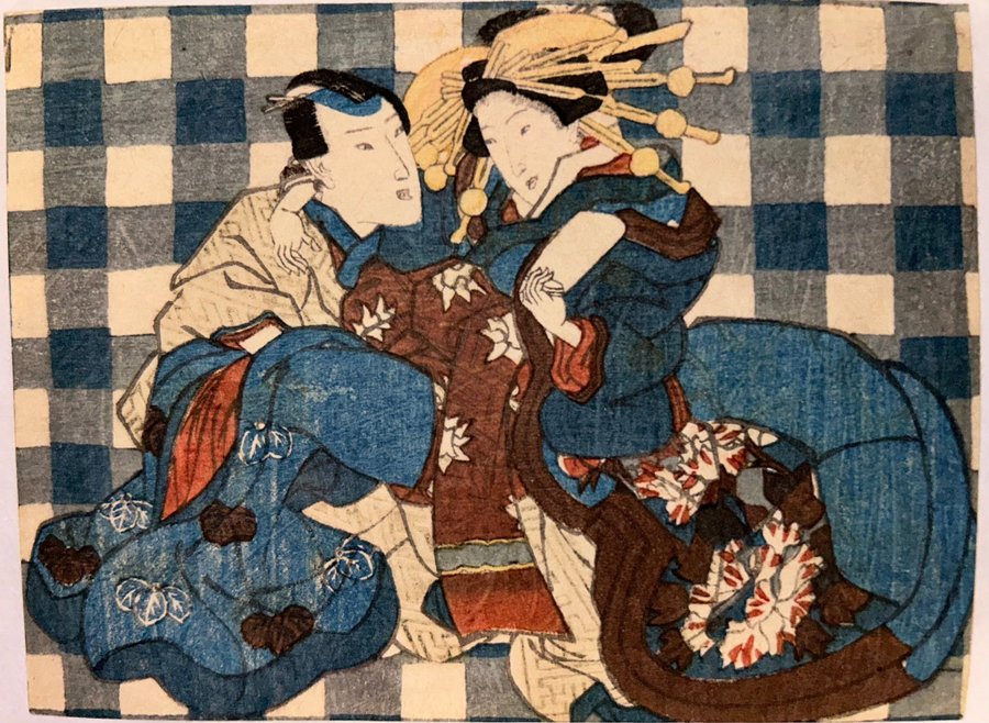 Japanskt träsnitt shunga Kunisada? Ca 1850.