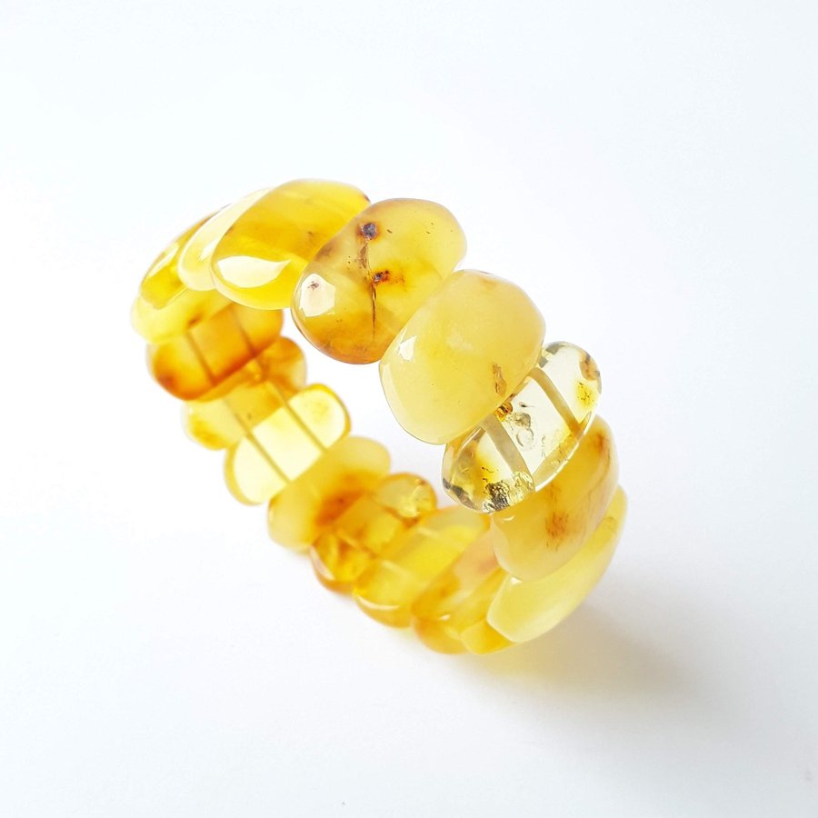 Yellow Baltic amber gemstone bracelet Classic wide stretchy flat bead bracelet