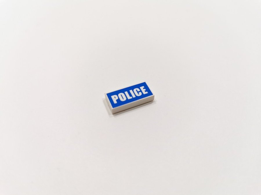 Lego - tryck - tile - 1x2 - polis - police - part 3069bp0139 - vit