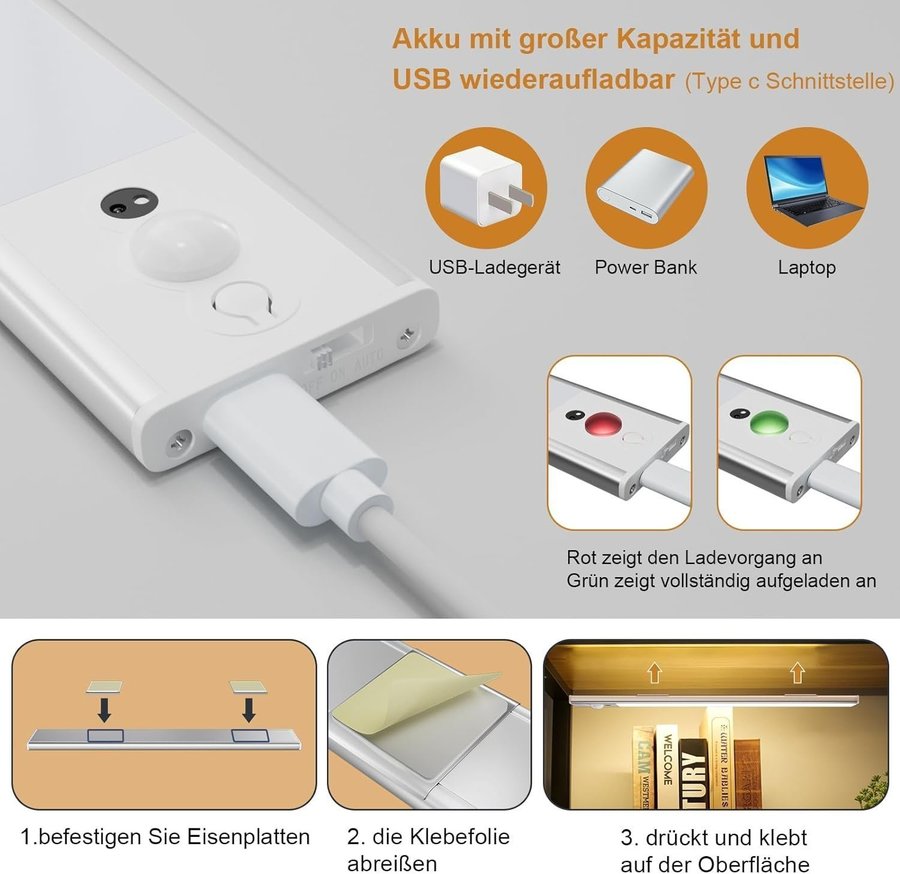 4 st LED ljuslister till garderob och skåp laddningsbara med USB-C