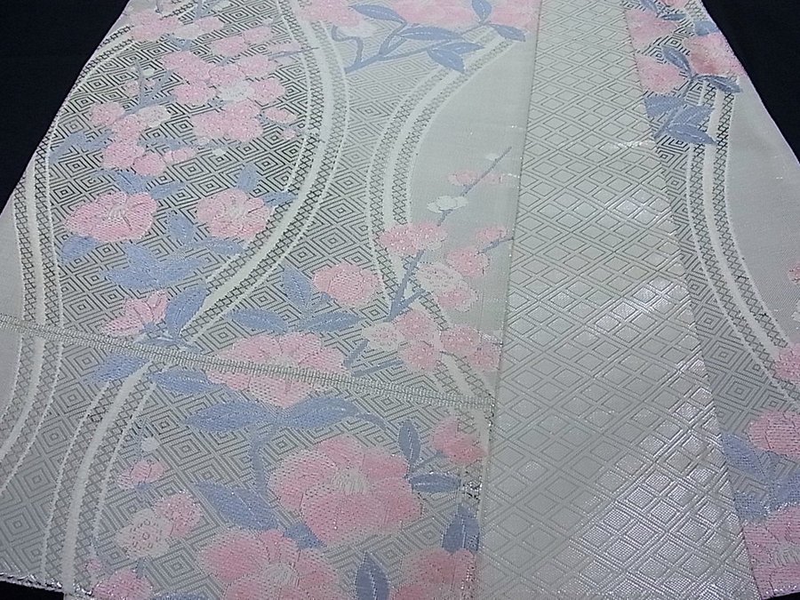 Äkta japansk vintage kimono Obi-bältesidenbroderievävtsilverblommahållbar