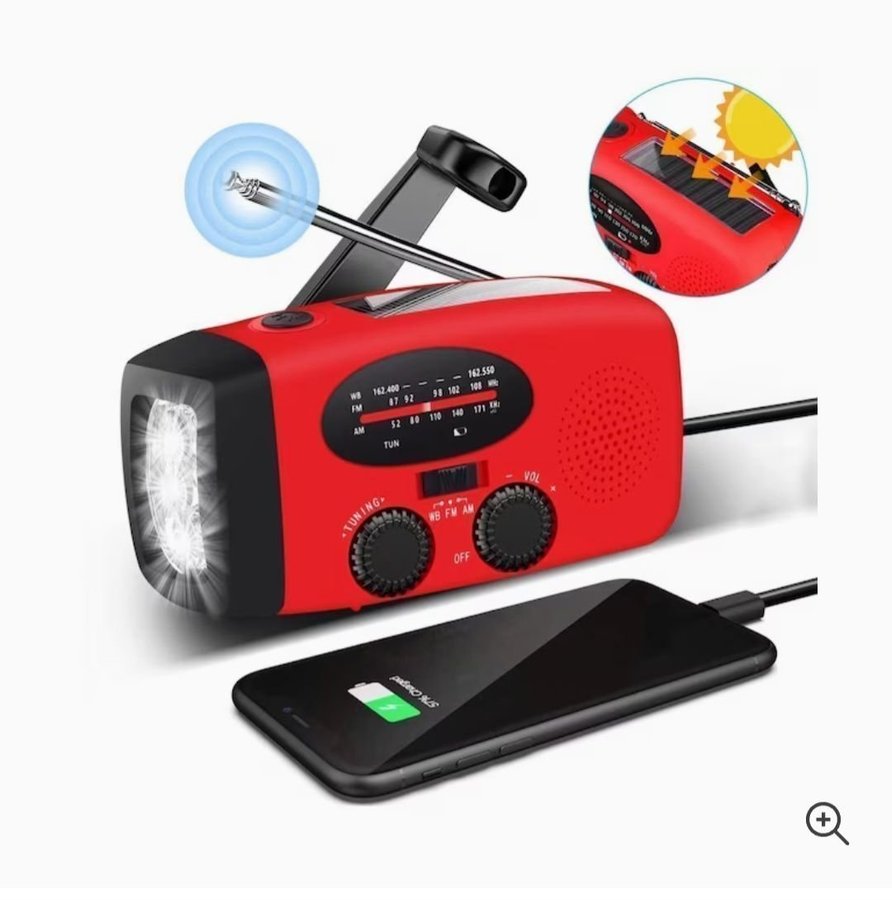 Vevradio med Solceller, LED Ficklampa och 2000mAh Powerbank SOS