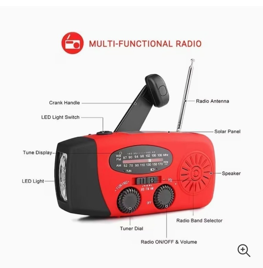 Vevradio med Solceller, LED Ficklampa och 2000mAh Powerbank SOS