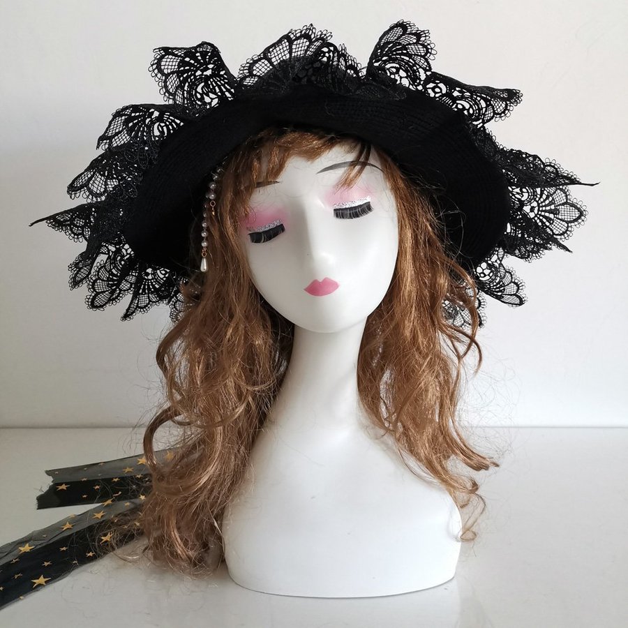 Black Witch Hat With Burgundy Rose And Bow, Halloween Lolita Wizard Hat, 52-54cm