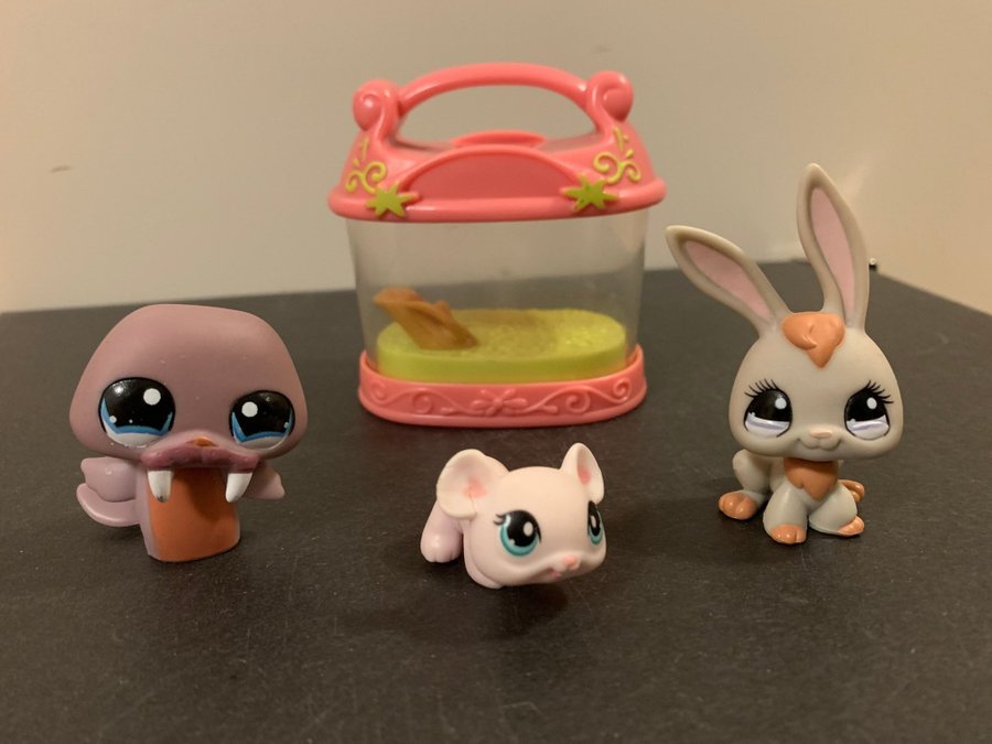 LPS Littlest Pet Shop 3 figurer och en "transportbur"