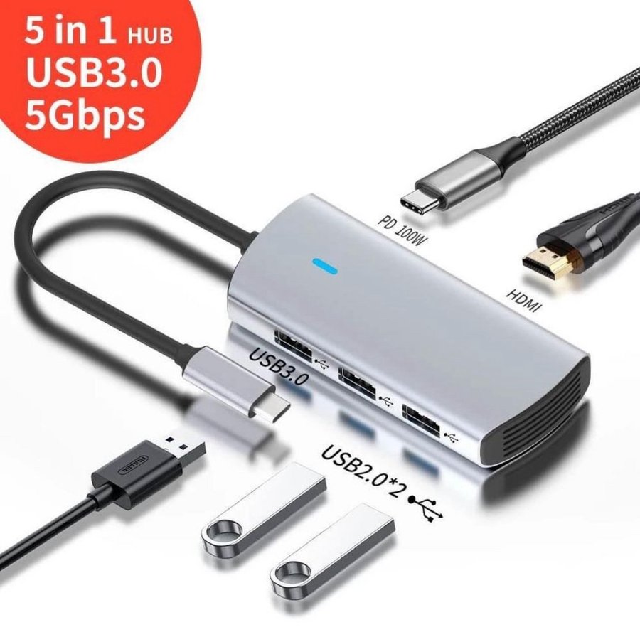 5-i-1 USB 3.0 Hub med HDMI och PD 100W