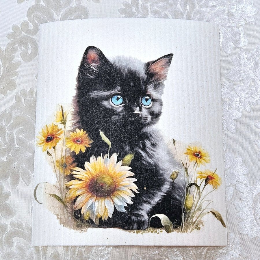 Disktrasa wettex duk med tryck print svart kattunge med blommor