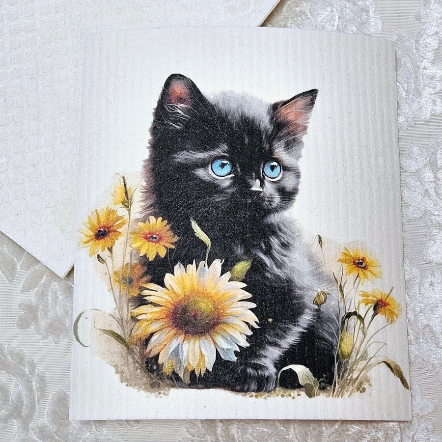 Disktrasa wettex duk med tryck print svart kattunge med blommor