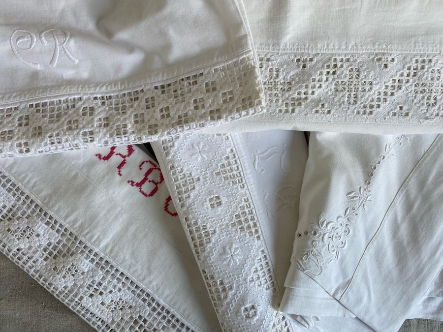 Broderi Hardangersöm Vitbroderi Överlakan Vintage Romantik