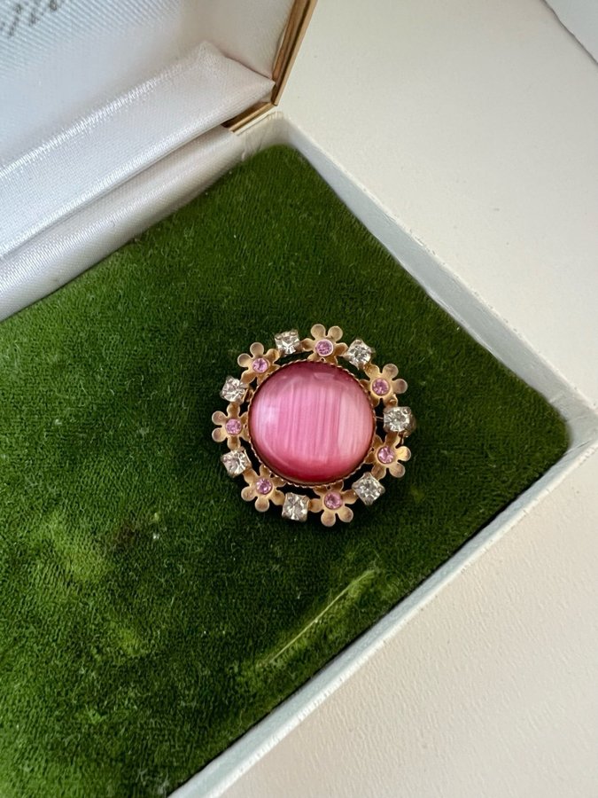 Vintage brosch med rosa sten, blommor och strass