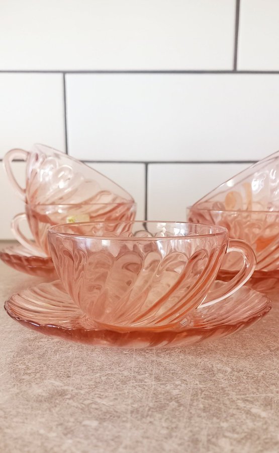 5 Rosa Kaffekoppar Fat Rosaline Arcoroc France Swirl Glas Koppar 70-tal Vintage