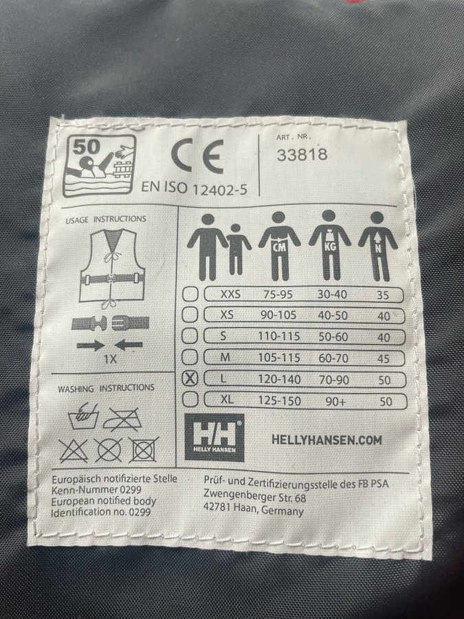 Helly Hansen Flytväst Storlek L 70-90kg