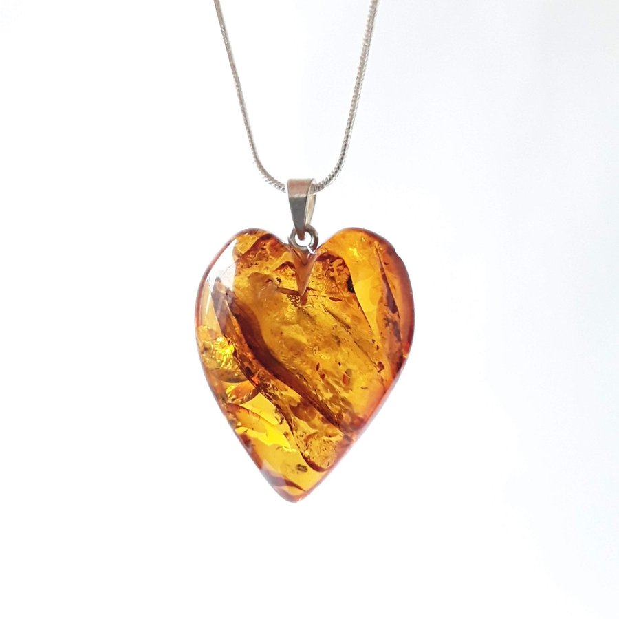 Baltic amber heart pendant necklace Brown gemstone heart pendant on silver chain