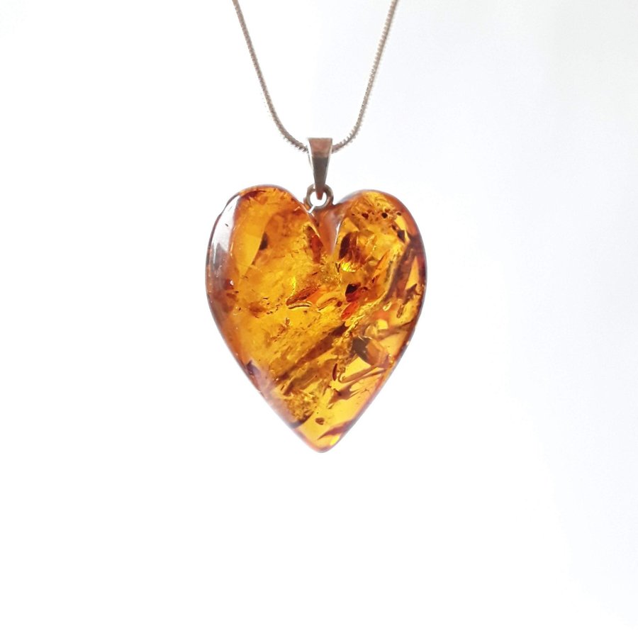 Baltic amber heart pendant necklace Brown gemstone heart pendant on silver chain