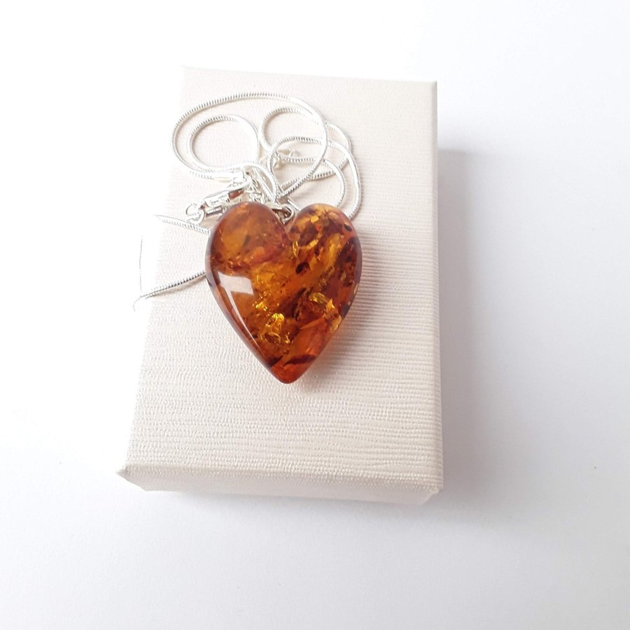 Baltic amber heart pendant necklace Brown gemstone heart pendant on silver chain