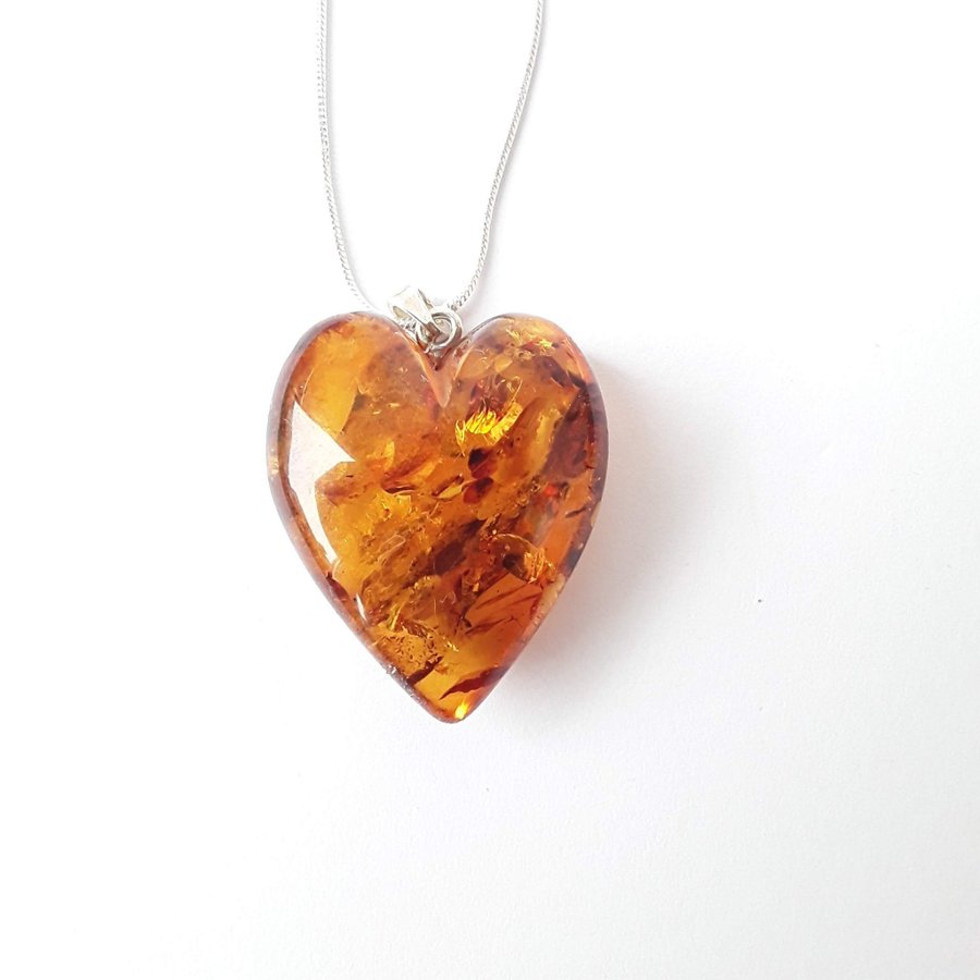 Baltic amber heart pendant necklace Brown gemstone heart pendant on silver chain